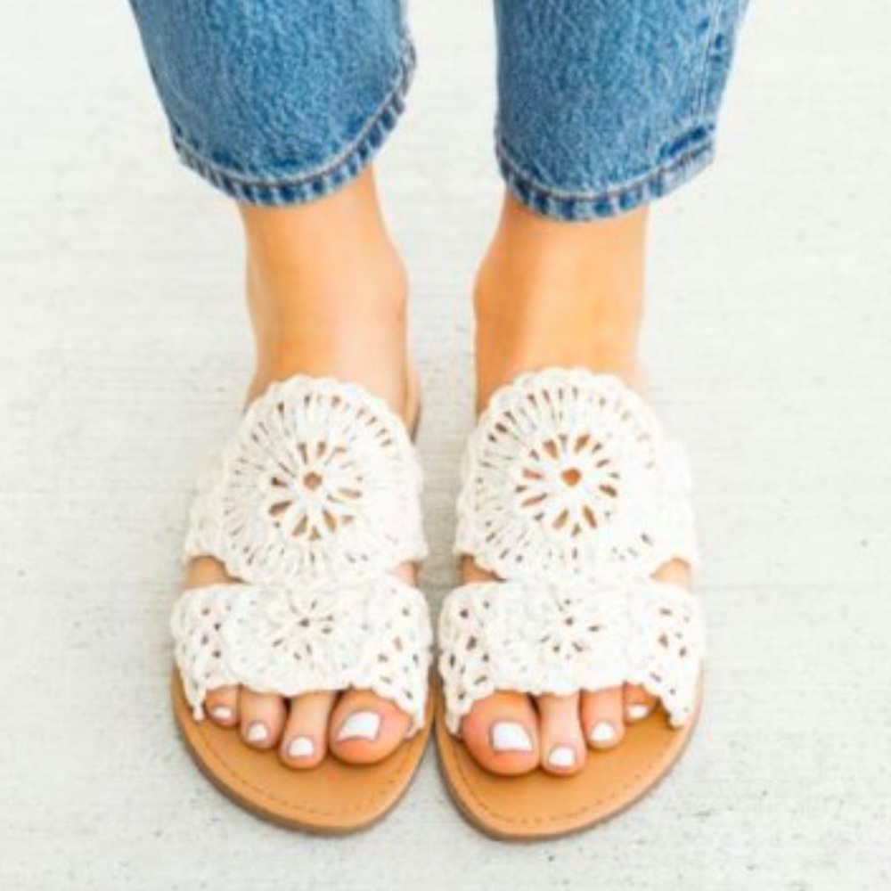 Qupid Athena Off-White Western Trend Crochet Flat Sandal - Picture 5 of 14